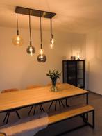 Eiken eettafel + zitbank zwart metaal frame, Huis en Inrichting, Rechthoekig, Zo goed als nieuw, Eikenhout, Ophalen