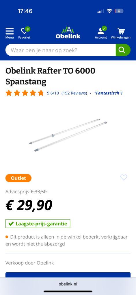 Obelink spanstang 6000 luifel, Caravans en Kamperen, Voortenten en Luifels, Nieuw, Overige merken, Ophalen