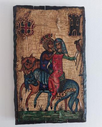 Peinture sur bois 75 cm x 47 cm scène médiévale