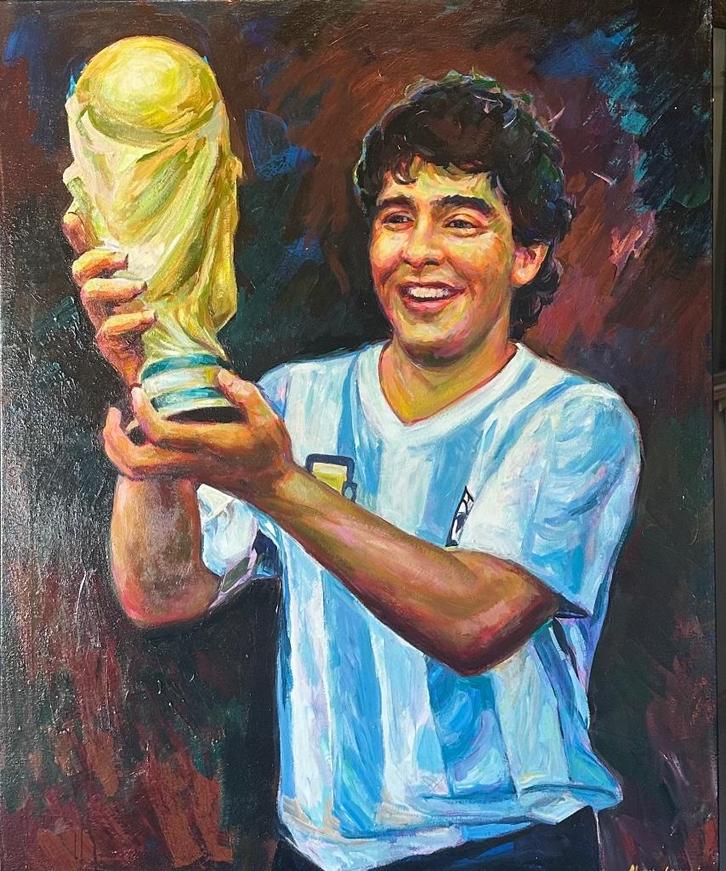 Alex L- Diego Maradona- Handgeschilderd (100%)- Origineel, Antiek en Kunst, Kunst | Schilderijen | Modern, Ophalen of Verzenden