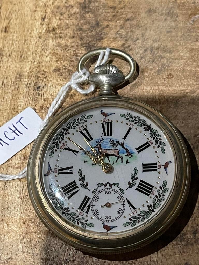 Zwitsers zakhorloge Mooi vintage zakhorloge met jachtmotief., Ophalen of Verzenden, Zakhorloge