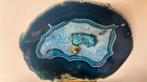 Schijf van blauwe agaat op geel genaaide basis Brazilië, Ophalen of Verzenden, Mineraal