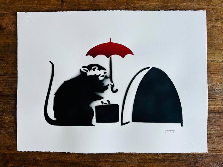 Banksy Rat — 76 x 56 cm — Spray art sur papier Arches, Antiquités & Art, Art | Lithographies & Sérigraphies, Enlèvement ou Envoi
