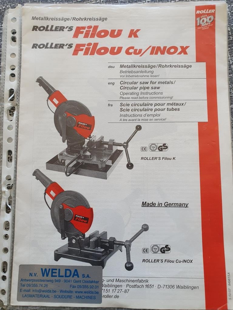 Filou zaagmachine speciaal voor dunwandige inox !, Ophalen