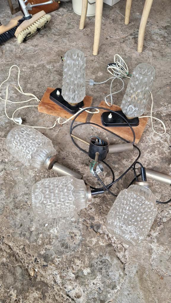 Vintage lichtset uit '60 — drievoudige kroonluchter + 2 lamp, Huis en Inrichting, Lampen | Overige, Gebruikt, Ophalen of Verzenden