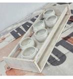 Vintage houten plankje met 6 eierdopjes eierdopje schaaltjes, Ophalen of Verzenden, Zo goed als nieuw