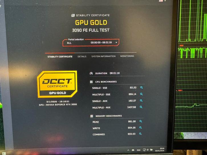 Nvidia Rtx 3090 watercooling certificat occt gold 26/01/2026, Computers en Software, Videokaarten, Zo goed als nieuw, Nvidia, Ophalen of Verzenden