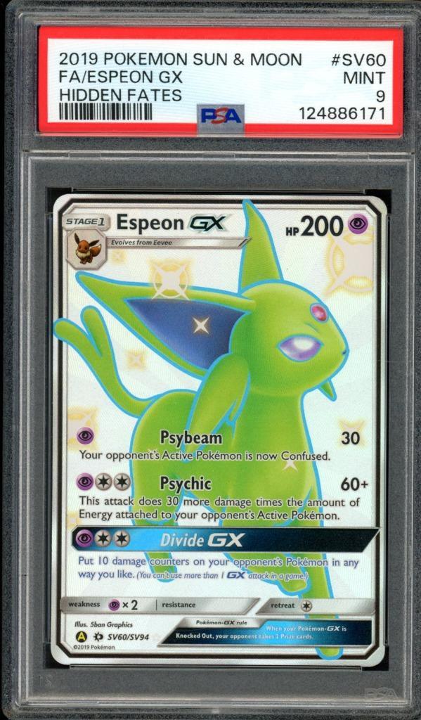 Espeon GX PSA 9 - SV60/SV94 - Sun & Moon - Hidden Fates 2019, Hobby en Vrije tijd, Verzamelkaartspellen | Pokémon, Zo goed als nieuw