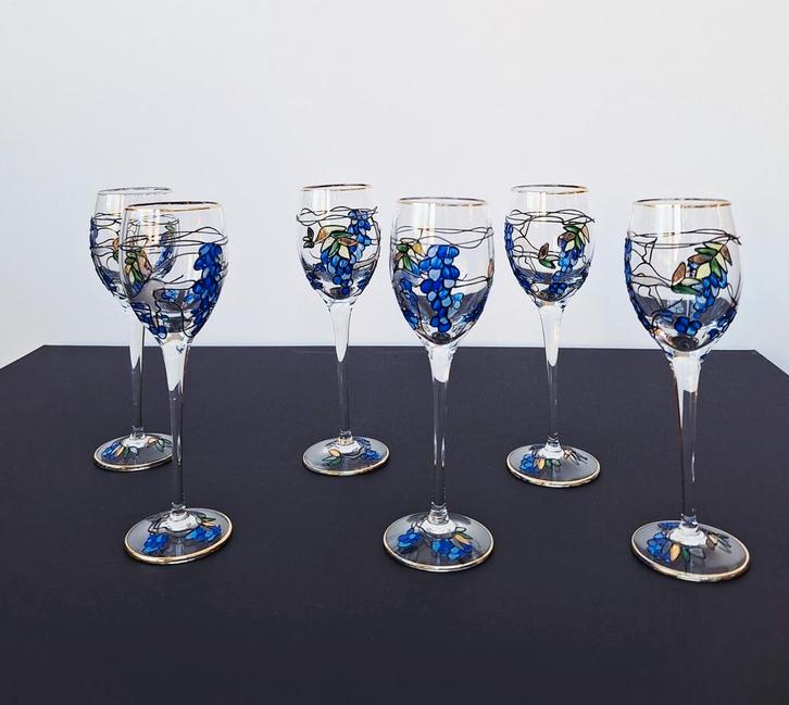 Zes elegante vintage glazen Tiffany-stijl wijn/port, Antiek en Kunst, Antiek | Glaswerk en Kristal, Ophalen of Verzenden