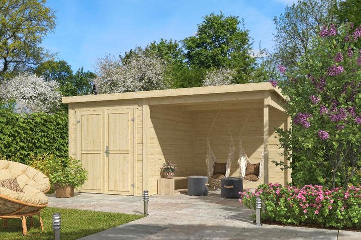 Blokhut met overkapping Finn 450x250 onbehandeld vuren, Hobby en Vrije tijd, Overige Hobby en Vrije tijd, Nieuw, Verzenden