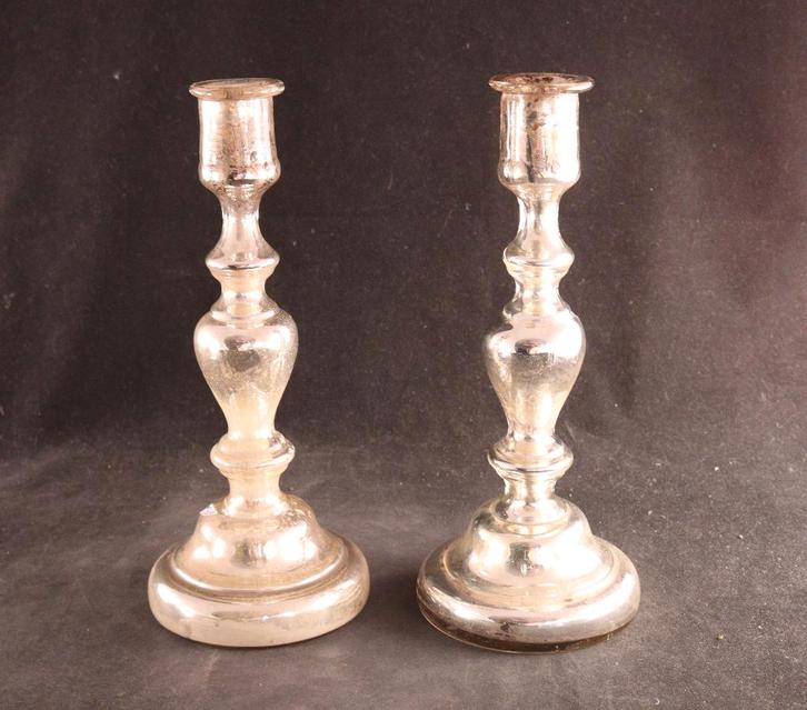 Paar antieke zilverglas kandelaars, Antiek en Kunst, Antiek | Kandelaars, Glas, Ophalen of Verzenden