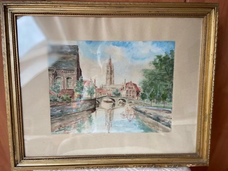Aquarel Begijnhof Brugge, Antiek en Kunst, Kunst | Schilderijen | Klassiek, Ophalen