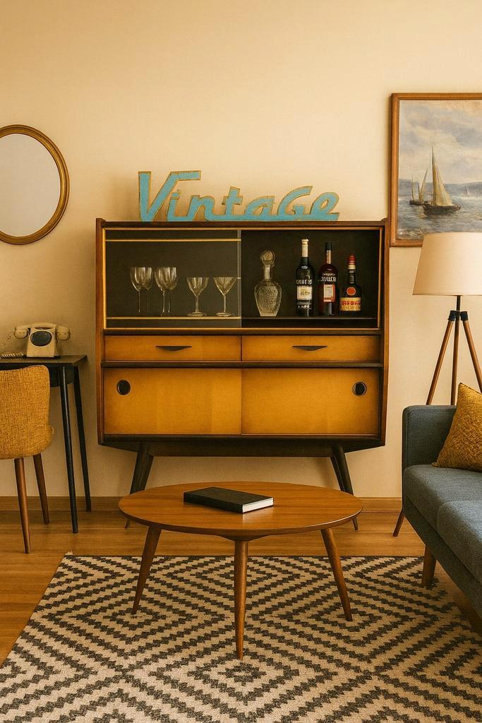Vintage dressoir met bardisplay 50/60 — Scandinavisch retro, Huis en Inrichting, Kasten | Vitrinekasten, Gebruikt, Glas, Ophalen