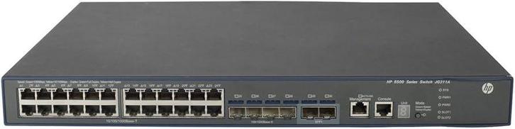 HP 5500-24G-4SFP HI Switch + JD368B 2x SFP+ 10G JG311A, Computers en Software, Netwerk switches