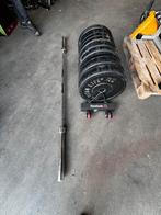 150kg  Bumperplates +  Barbell 220cm ,20kg + Opbergrek, Ophalen, Gebruikt, Halterschijven