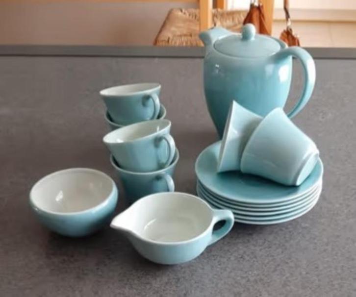 Te koop:Mooie turquoise blauw theeserviesje van de jaren 50., Antiek en Kunst, Curiosa en Brocante, Ophalen