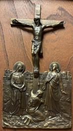 Antiek katholiek kruisreliëf – brons/spelter in houten lijst, Antiek en Kunst, Ophalen