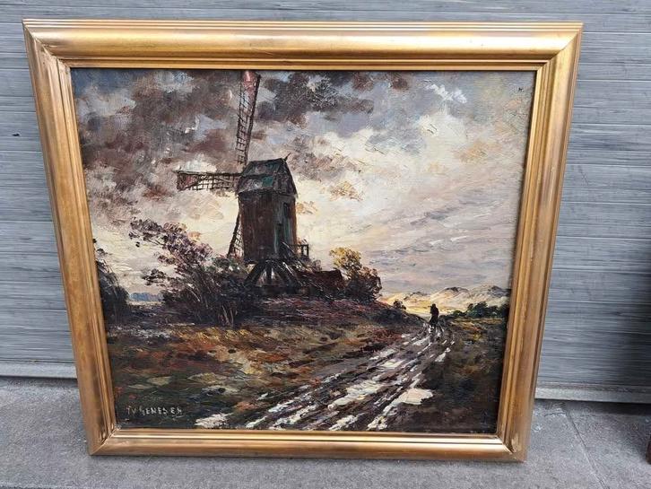 Huile sur toile paysage au moulin signe frans van genesen, Antiek en Kunst, Kunst | Schilderijen | Klassiek, Ophalen of Verzenden