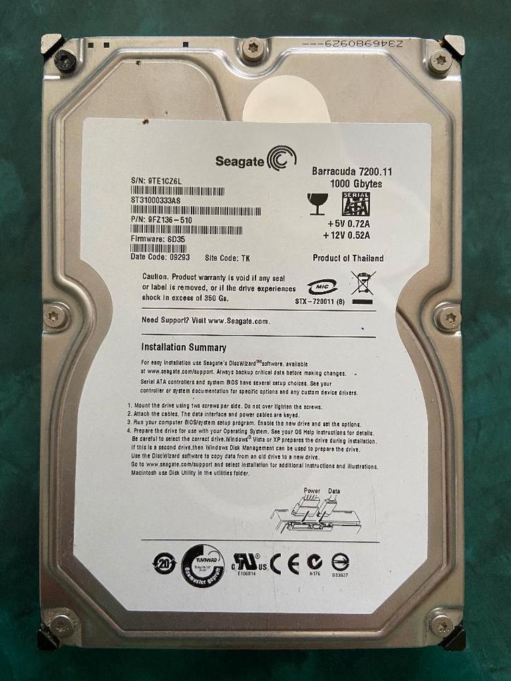 Seagate Barracuda 1TB – 7200 RPM – 32MB Cache – ST31000333AS, Computers en Software, Harde schijven, Gebruikt, Desktop, Intern