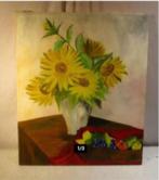 Mooi Oud Geschilderd Werk 'Zonnebloemen en Fruit' - 61x51, Antiek en Kunst, Ophalen of Verzenden