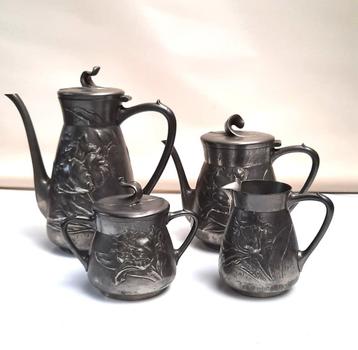 Jugendstil tinnen koffie en thee set beschikbaar voor biedingen