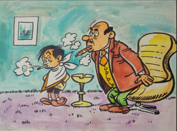 Grand dessin humoristique signé Peyo, Enlèvement ou Envoi