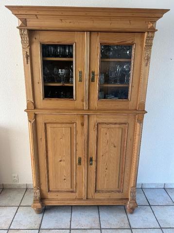 Antieke grenen vitrinekast eetkamer, Avec porte(s), 25 à 50 cm, 100 à 150 cm, Enlèvement