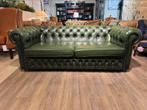 Stoere Vintage chesterfield 3 zits bank zetel groen leer, Ophalen of Verzenden