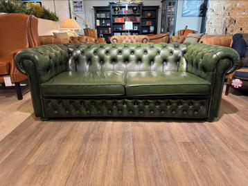 Stoere Vintage chesterfield 3 zits bank zetel groen leer beschikbaar voor biedingen