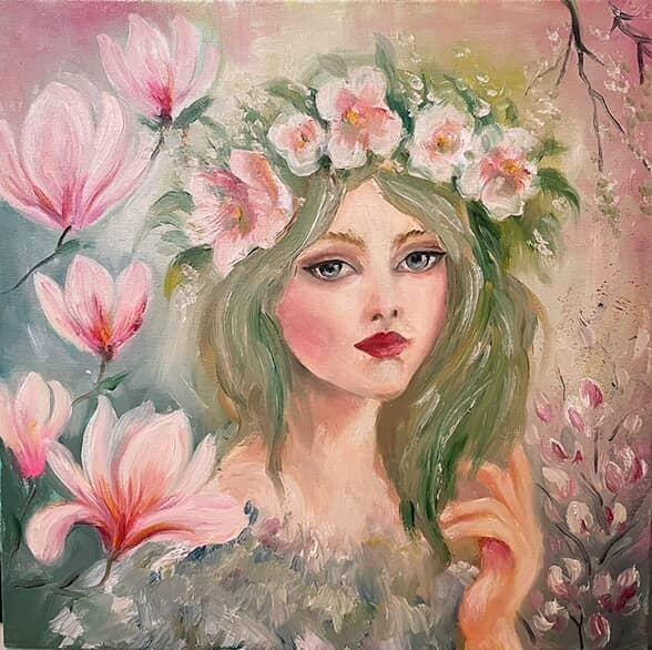 Meisje met bloemenkrans, Antiek en Kunst, Kunst | Schilderijen | Modern, Ophalen