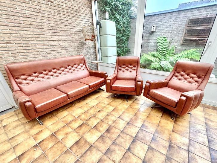 Vintage bankstel in skai - Space age / sixties / mid century, Huis en Inrichting, Zetels | Complete zithoeken, Gebruikt, Leer