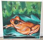 Peinture encadrée crapaud/grenouille sur fond vert, Maison & Meubles, Peinture, Enlèvement ou Envoi, Création originale, 50 à 75 cm