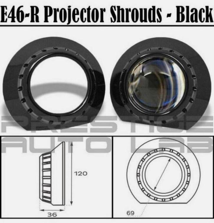 2x E46-R Zwarte 2,5-3" SHROUDS Xenon lens PROJECTOR bmw E46, Auto diversen, Tuning en Styling, Ophalen of Verzenden