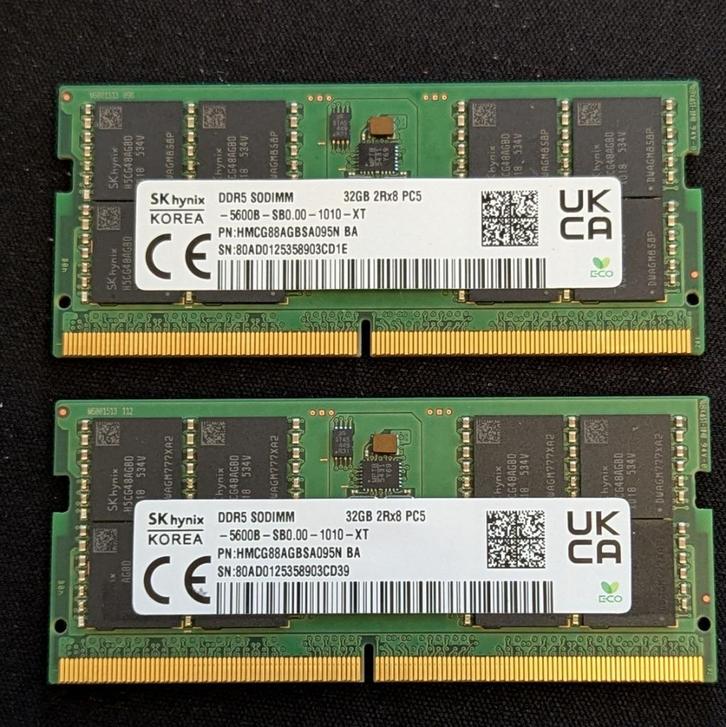 SK-Hynix 64GB DDR5 sodimm (2 latjes van 32GB ram geheugen), Computers en Software, RAM geheugen, Zo goed als nieuw, Laptop, 64 GB