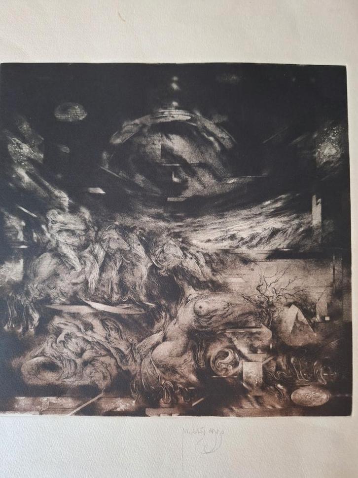 Surrealistische ets Paarden en naakte vrouw uit 1990, Antiek en Kunst, Kunst | Etsen en Gravures, Ophalen of Verzenden