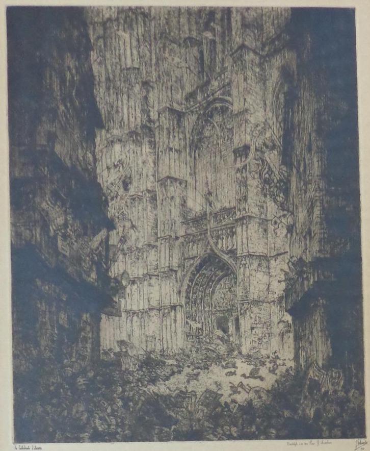 JULES DE BRUYCKER / CATHEDRALE D'ANVERS / ZW-W ETS / 92x69cm, Antiek en Kunst, Kunst | Litho's en Zeefdrukken, Ophalen