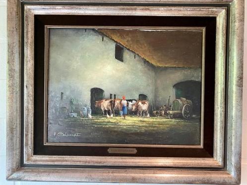 Pros Colpaert Boerin met koeien en kippen op het erf, Antiek en Kunst, Kunst | Schilderijen | Klassiek, Ophalen