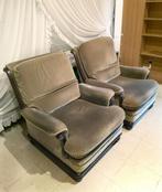 Twee Vintage Olijfgroene Fauteuils | Zetels – zalig zitten!, Huis en Inrichting, Fauteuils, Ophalen, Hout, Gebruikt, Minder dan 75 cm