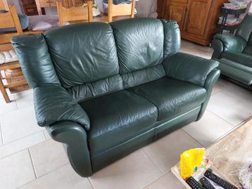 Groene lederen 2- zit en 3-zit met 2 relaxzetels, Huis en Inrichting, Ophalen, Gebruikt