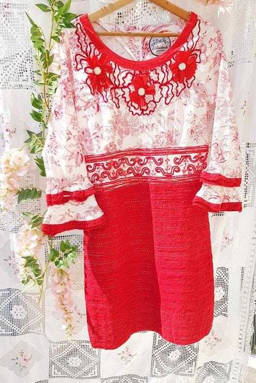 Designerjurk van katoen (van Spaanse makelij), Kleding | Dames, Jurken, Nieuw, Maat 38/40 (M), Rood, Onder de knie