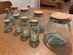 Glazen potten met kurk - set in blauwgroen getint glas, Enlèvement, Comme neuf