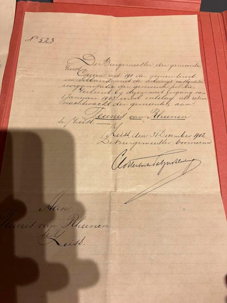 document Ontslagbrief nwacht Zeist Teunis van Rheenen 1902, Verzamelen, Militaria | Algemeen, Verzenden