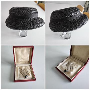 Ancien chapeau pour femme en raphia noir et lot épingles.