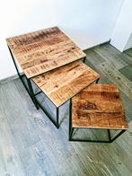 Lot de 3 tables d’appoint Kyan – style industriel – bois & m, Minder dan 55 cm, Vierkant, Zo goed als nieuw, Hout
