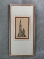 Hoge smalle kader met pentekening kathedraal van Antwerpen, Ophalen of Verzenden