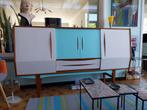 Dressoir jaren 1960 kleur wit met turquoise en natuurhout., Ophalen, Gebruikt