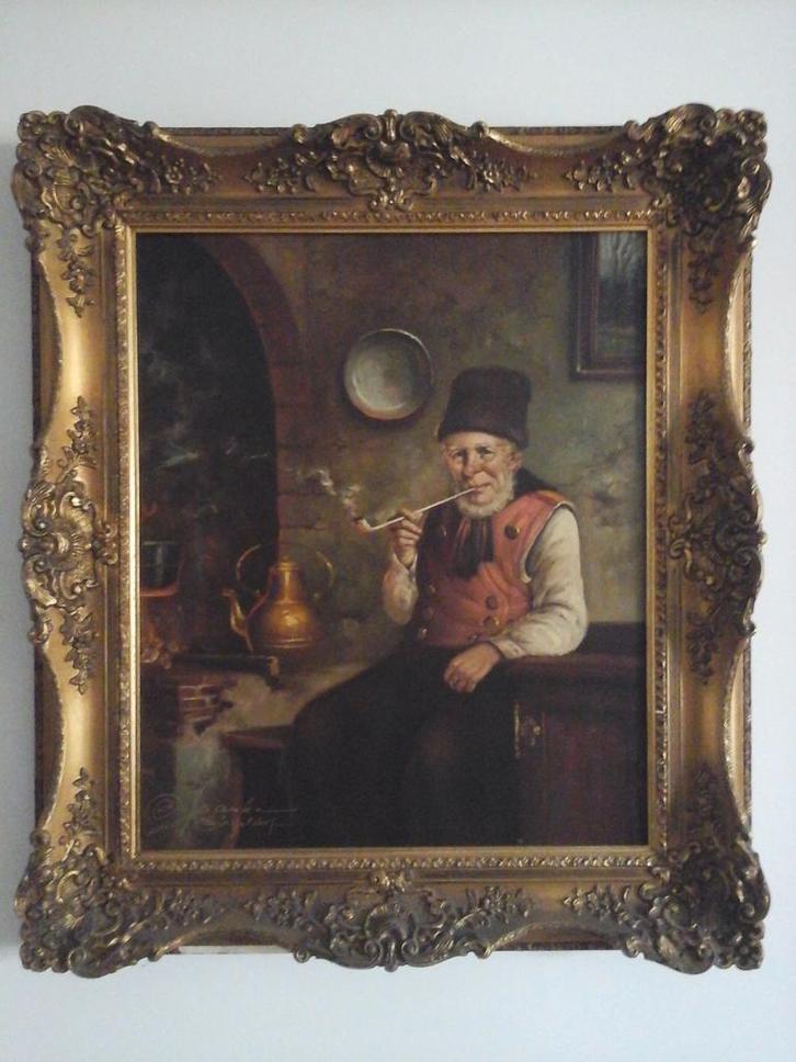 MOOI OUD SCHILDERIJ  " OUDE MAN MET PIJP " IN BAROKKE LIJST., Antiquités & Art, Art | Peinture | Classique, Enlèvement