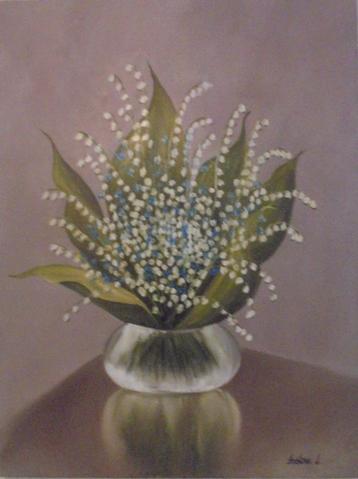olieschilderij vaas bloemen meiklokken (60x80cm) beschikbaar voor biedingen