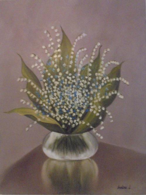 olieschilderij vaas bloemen meiklokken (60x80cm), Antiek en Kunst, Kunst | Schilderijen | Klassiek, Ophalen of Verzenden