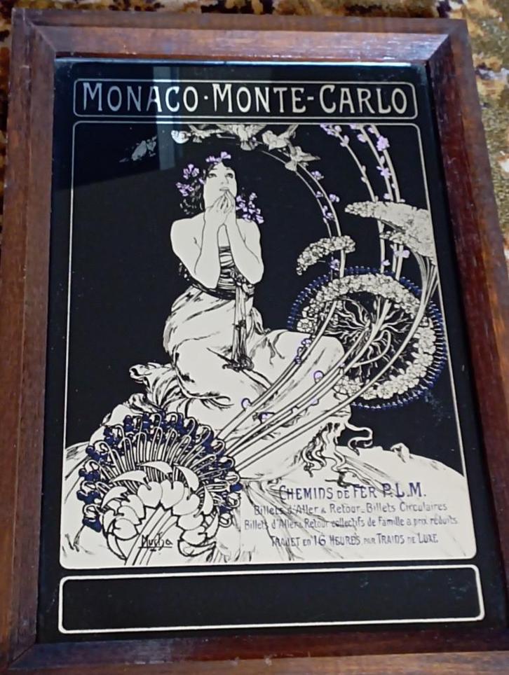 591) Spiegel Jugendstil Mucha Monaco Monte Carlo spoorwegen, Antiek en Kunst, Curiosa en Brocante, Ophalen of Verzenden